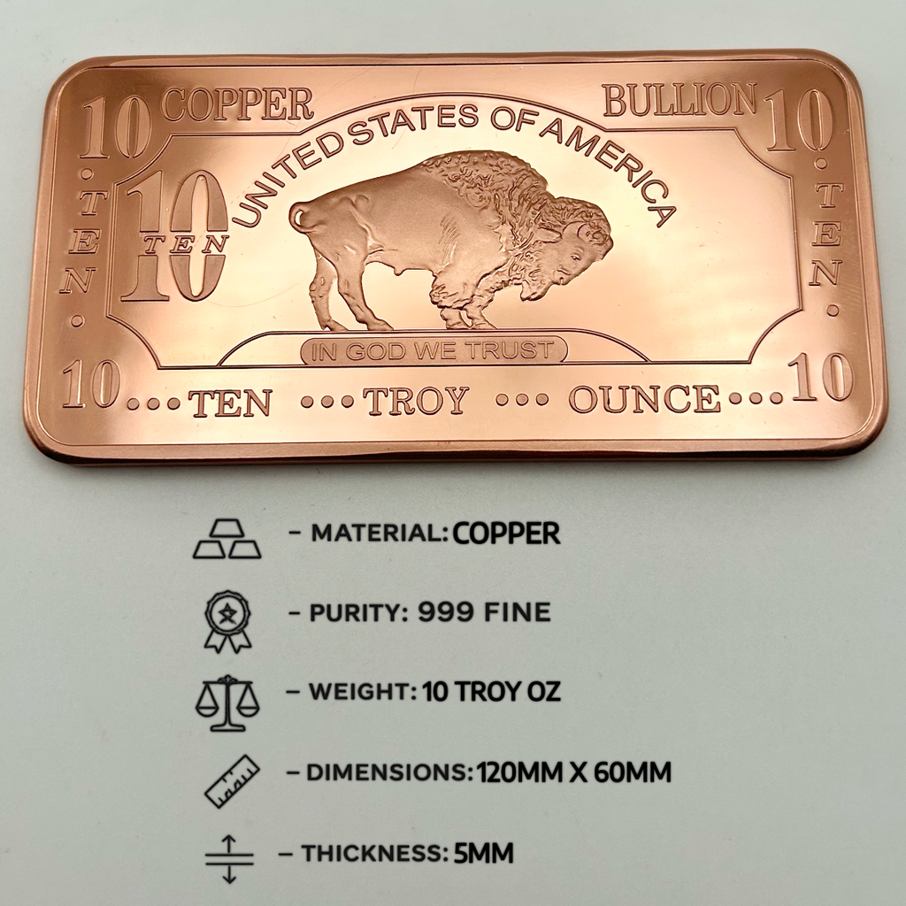 10 TROY OZ .999 Fine Copper Bar - Aurelix Bullion
