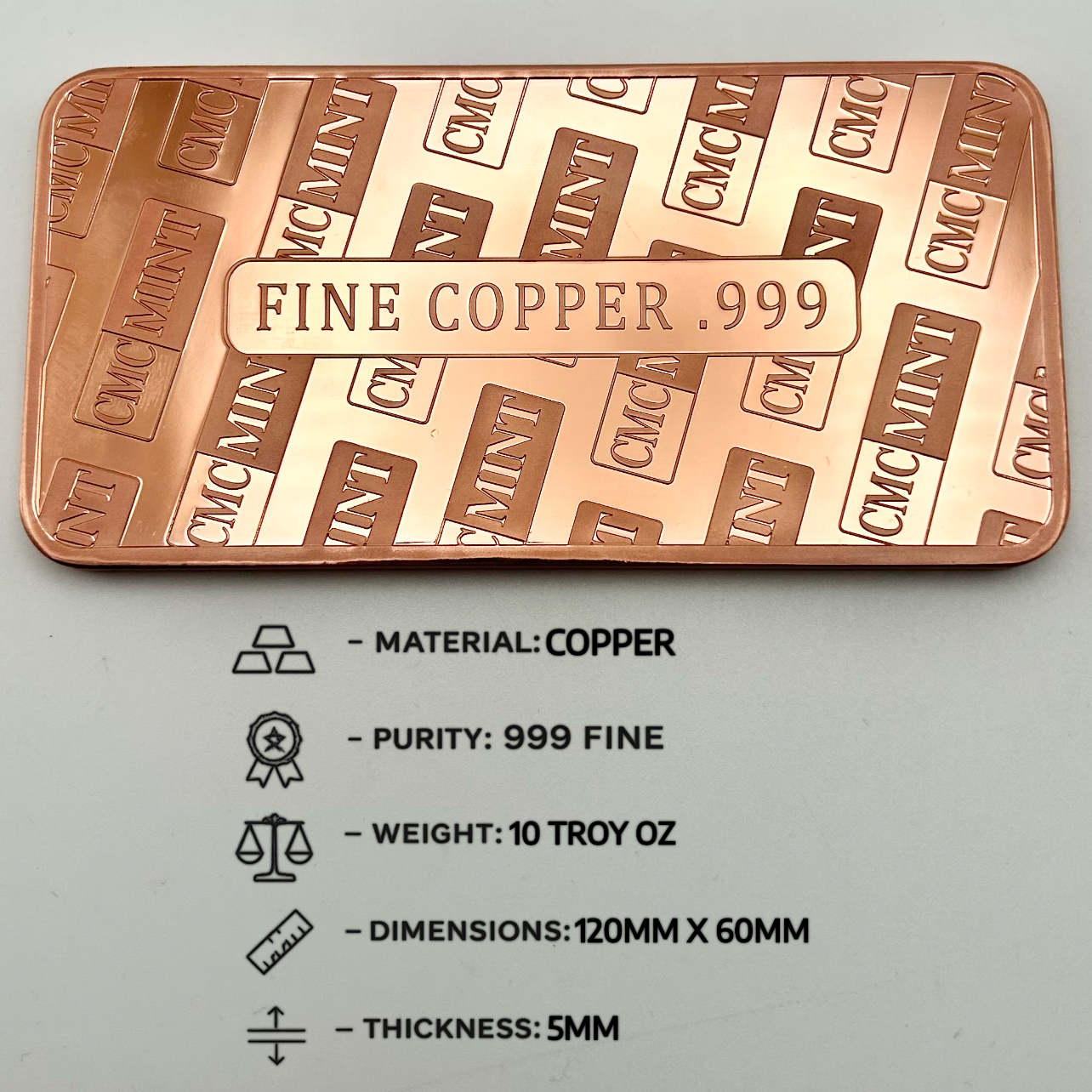 10 TROY OZ .999 Fine Copper Bar - Aurelix Bullion