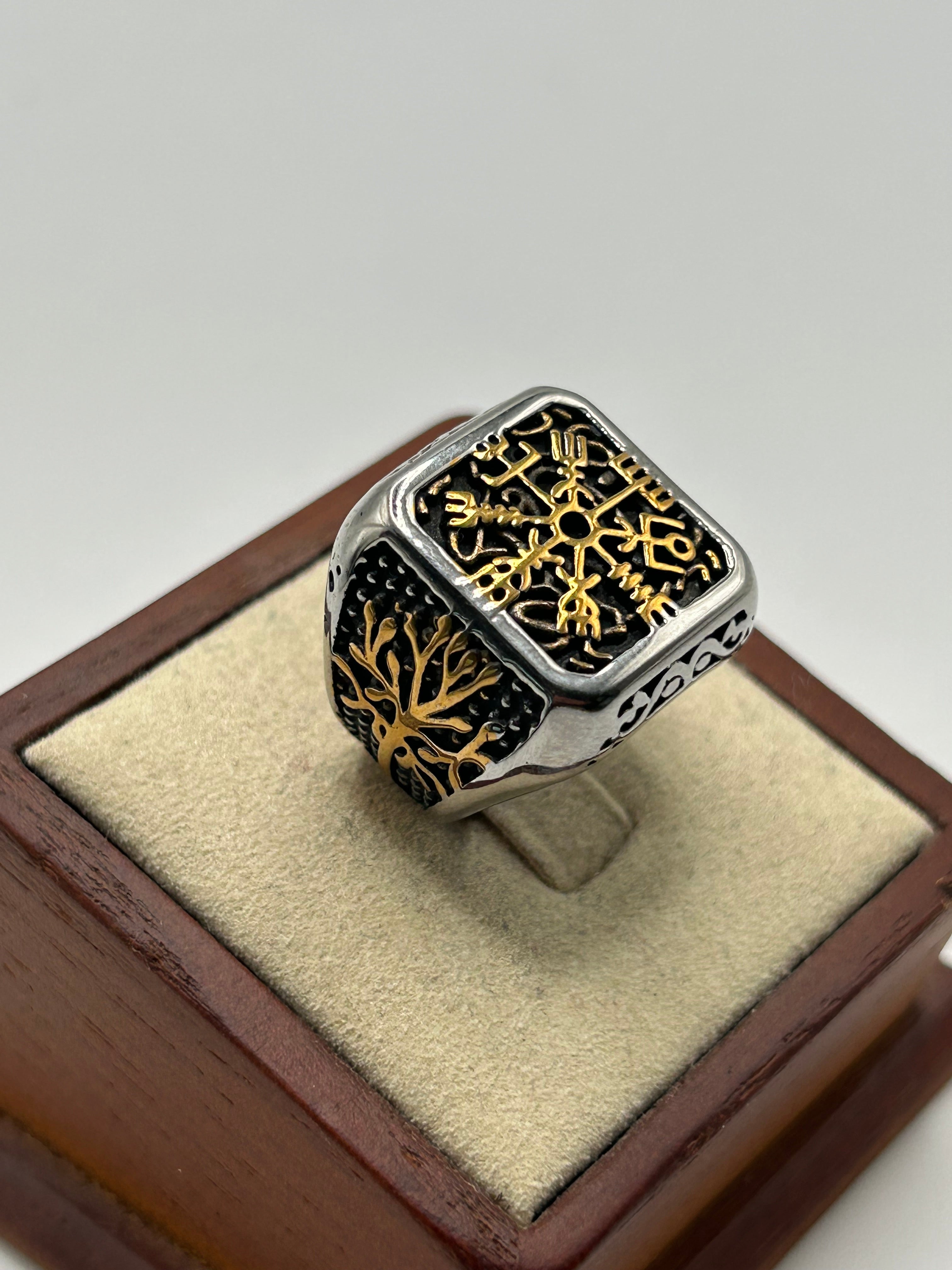 316L Stainless Steel Square Vegvísir Ring - Relic Series
